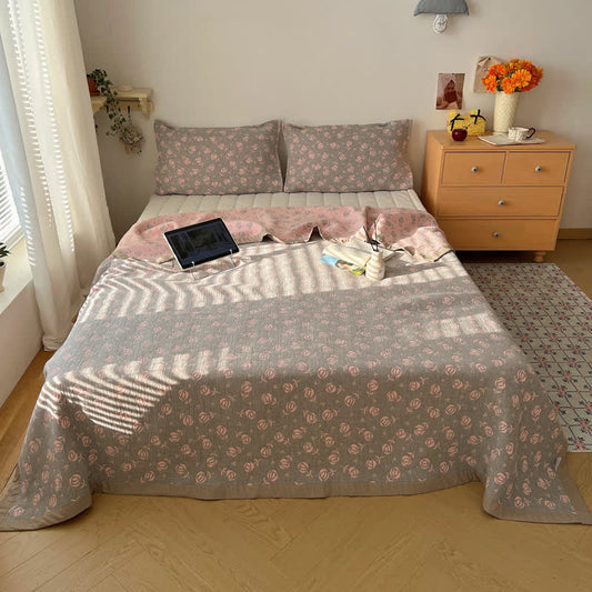 Rose Print Cotton Gauze Reversible Coverlet