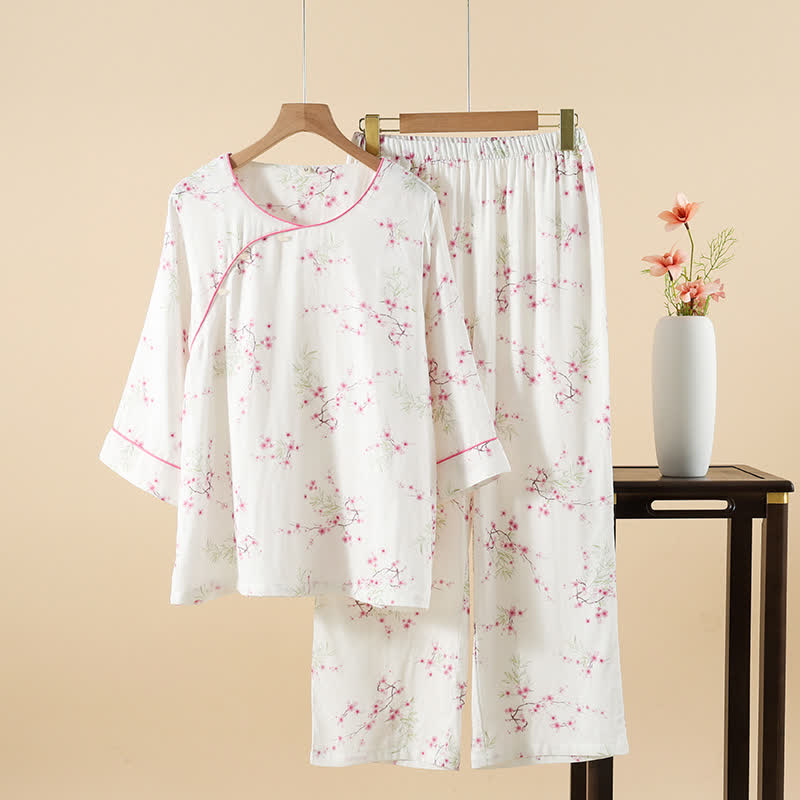 Vintage Plum Blossom Print Bamboo Cotton Pajama Set