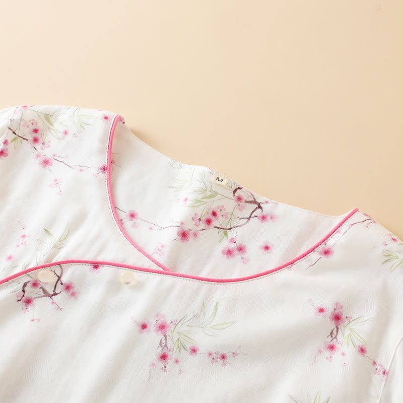 Vintage Plum Blossom Print Bamboo Cotton Pajama Set
