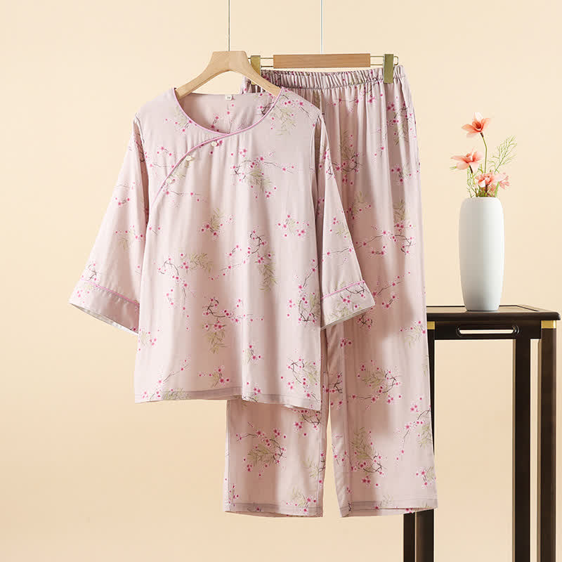 Vintage Plum Blossom Print Bamboo Cotton Pajama Set