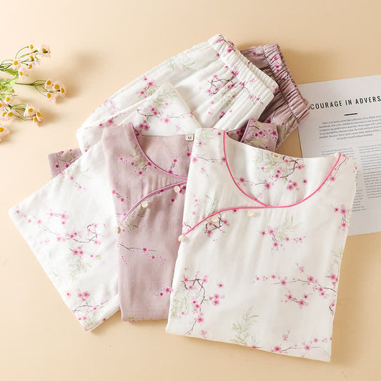 Vintage Plum Blossom Print Bamboo Cotton Pajama Set