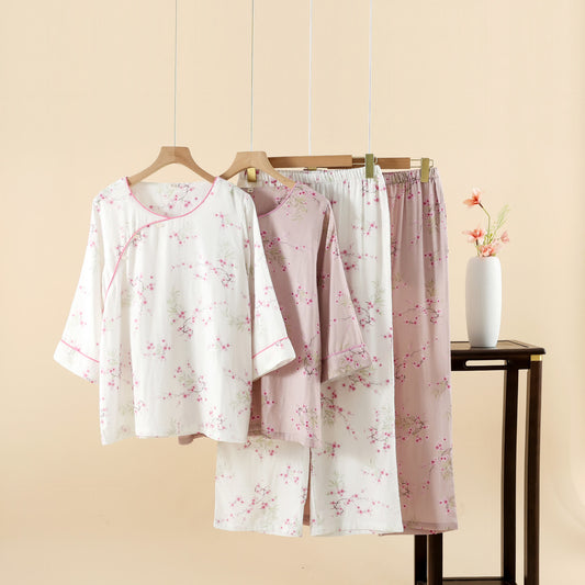 Vintage Plum Blossom Print Bamboo Cotton Pajama Set