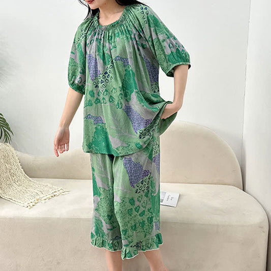 Plus Size Retro Round Neck Loungewear Set