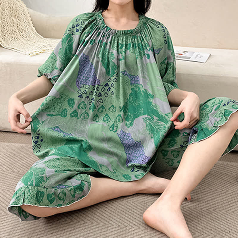 Plus Size Retro Round Neck Loungewear Set