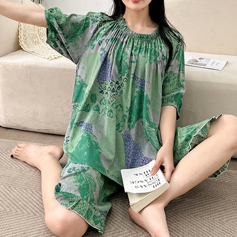 Plus Size Retro Round Neck Loungewear Set