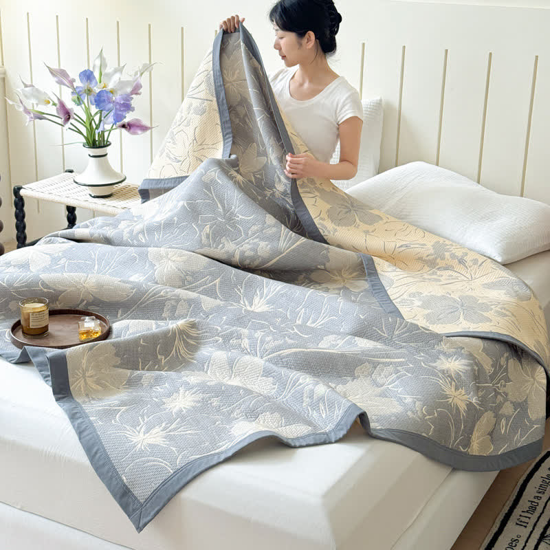 Grey Floral Cotton Triple Gauze Quilt