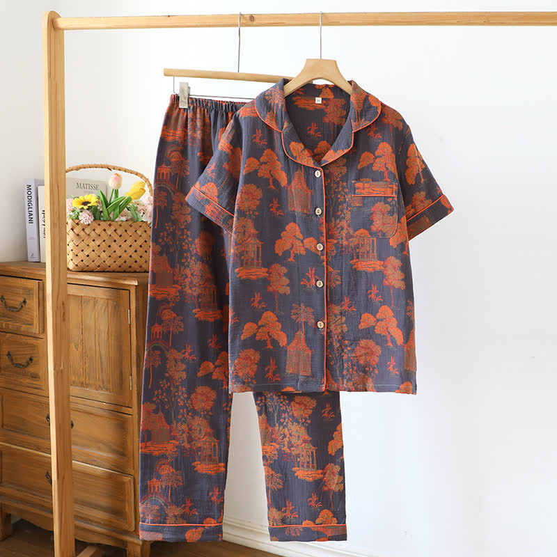 Cotton Vintage Pine Jacquard Short Sleeve Loungewear Set