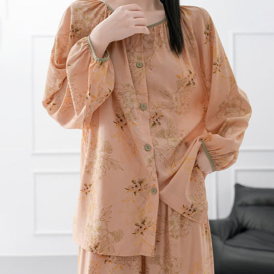 Elegant Floral Long Sleeve Loungewear Set