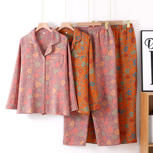 Retro Floral Cotton Gauze Cardigan Pajama Set - image 1