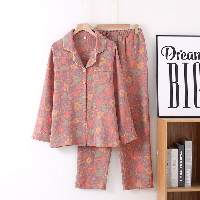 Retro Floral Cotton Gauze Cardigan Pajama Set - Pink - L - image 3