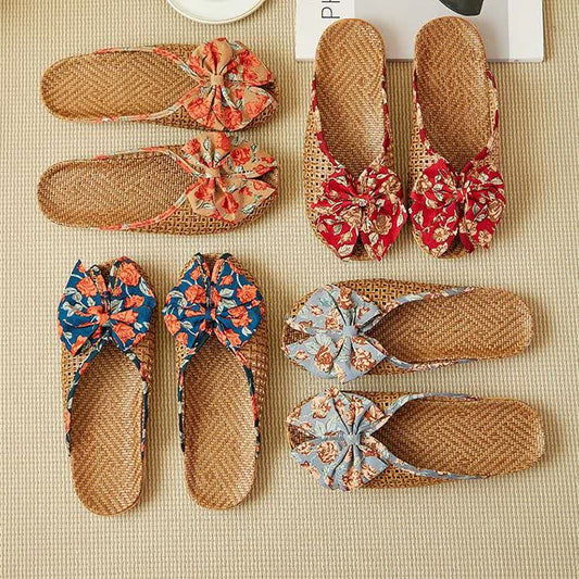 Rattan Woven Linen Bow-knot House Slippers