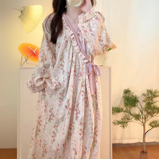 Floral V-neckline Soft Long Nightgown