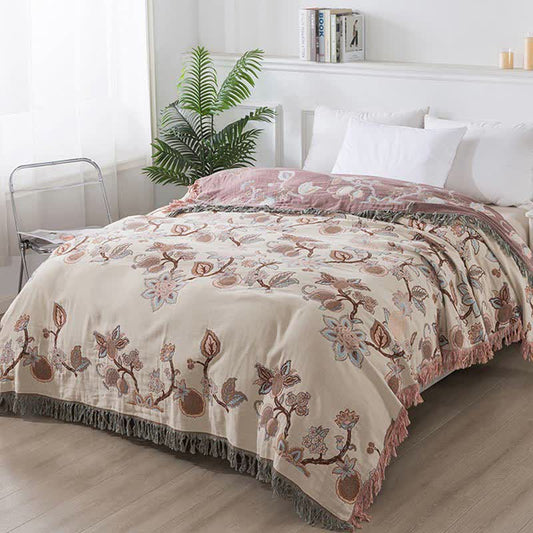 Vintage Cotton Gauze Floral Tassel Quilt