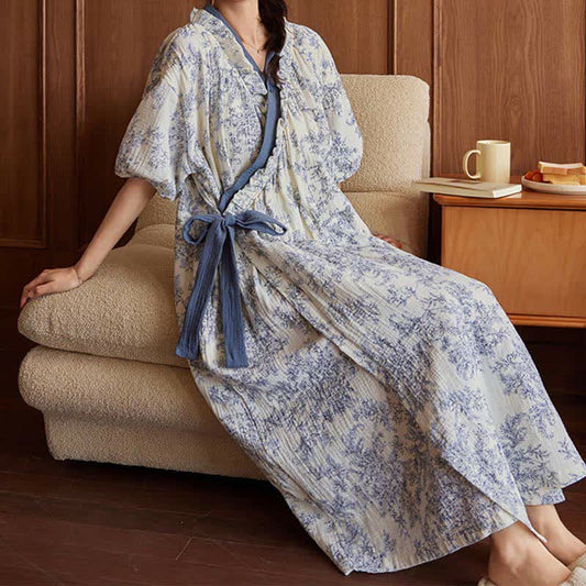 Country Style Padded Tie Nightgown with Pocket