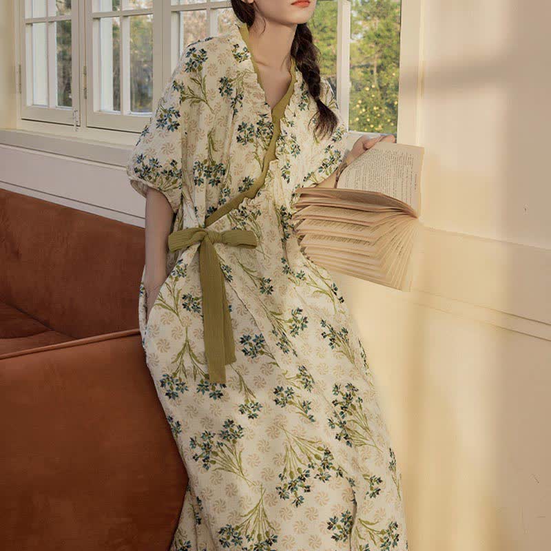 Pastoral Padded Short Sleeve Tie-Back Nightgown with Pocket