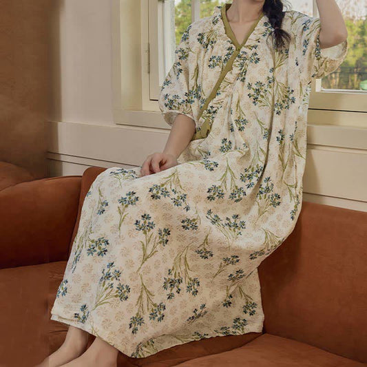 Pastoral Padded Short Sleeve Tie-Back Nightgown with Pocket