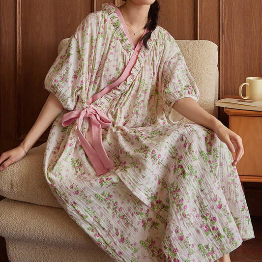 Elegant Floral Print Tie-Back Nightgown with Pocket