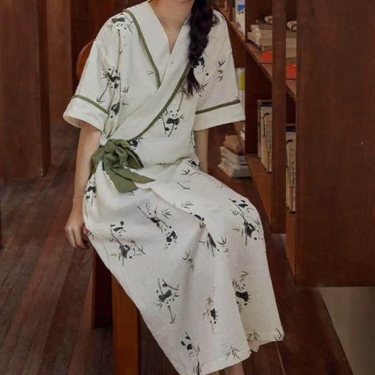 Panda Print Padded Tie Nightgown with Pocket