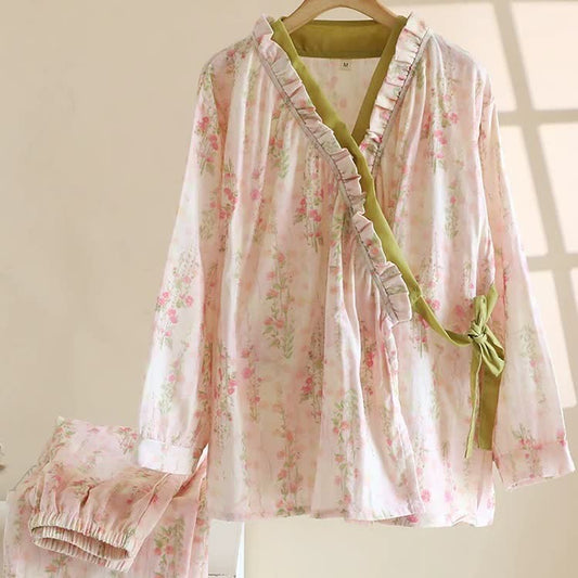 Rose Print Cotton Gauze Asymmetric Front Loungewear Set