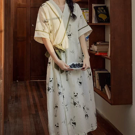 Panda Print Padded Tie Nightgown with Pocket