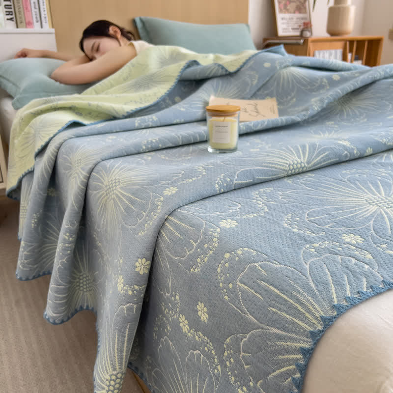 Elegant Floral Cotton Layers Gauze Reversible Coverlet