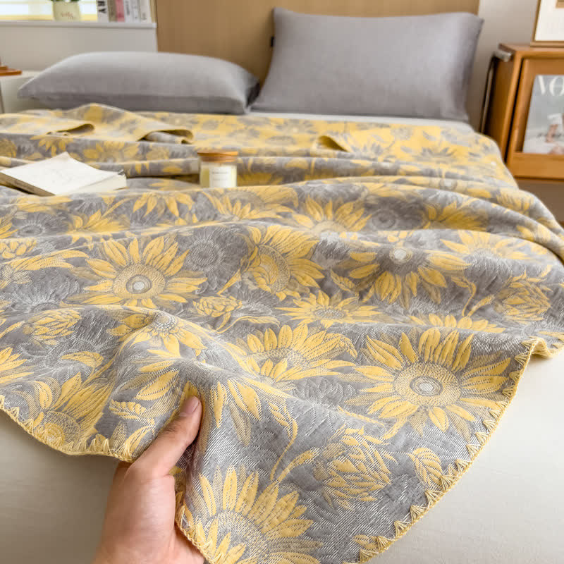 Sunflower Print Cotton Layers Gauze Reversible Coverlet