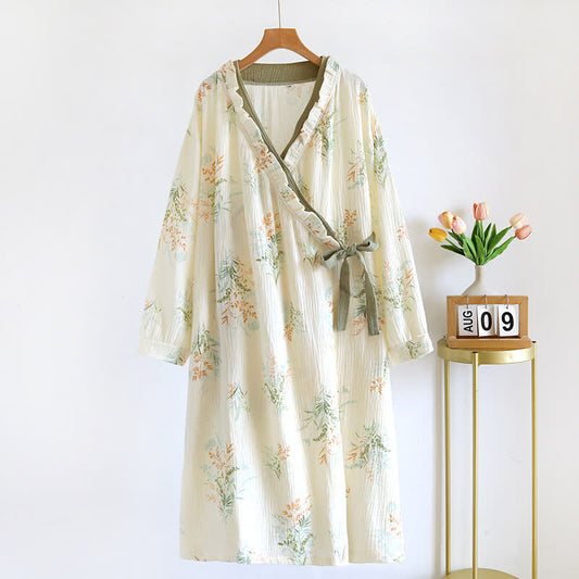 Plant Cotton Gauze Long Sleeve Nightgown with Pocket
