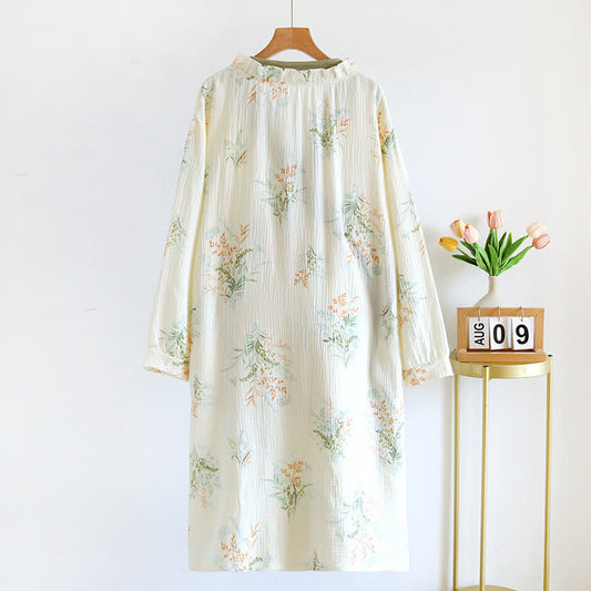 Plant Cotton Gauze Long Sleeve Nightgown with Pocket