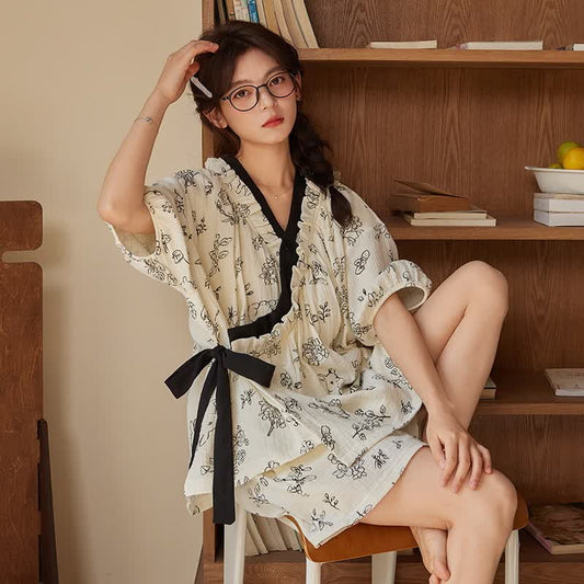 Cute Floral Short Sleeve Bra Free Pajama Set
