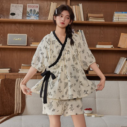 Cute Floral Short Sleeve Bra Free Pajama Set