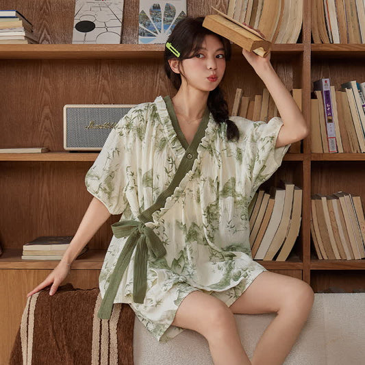 Bamboo Print Short Sleeve Bra Free Pajama Set