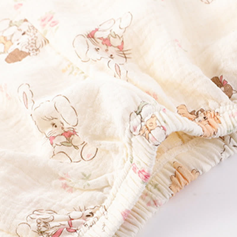Cartoon Print Short Sleeve Bra Free Pajama Set