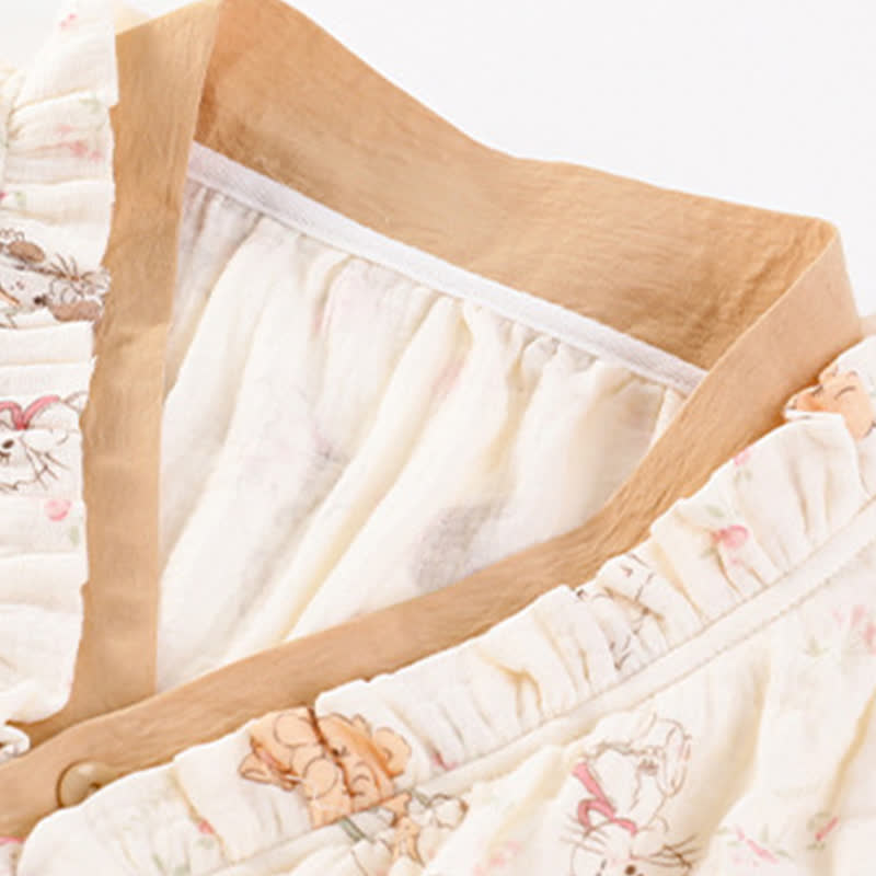 Cartoon Print Short Sleeve Bra Free Pajama Set