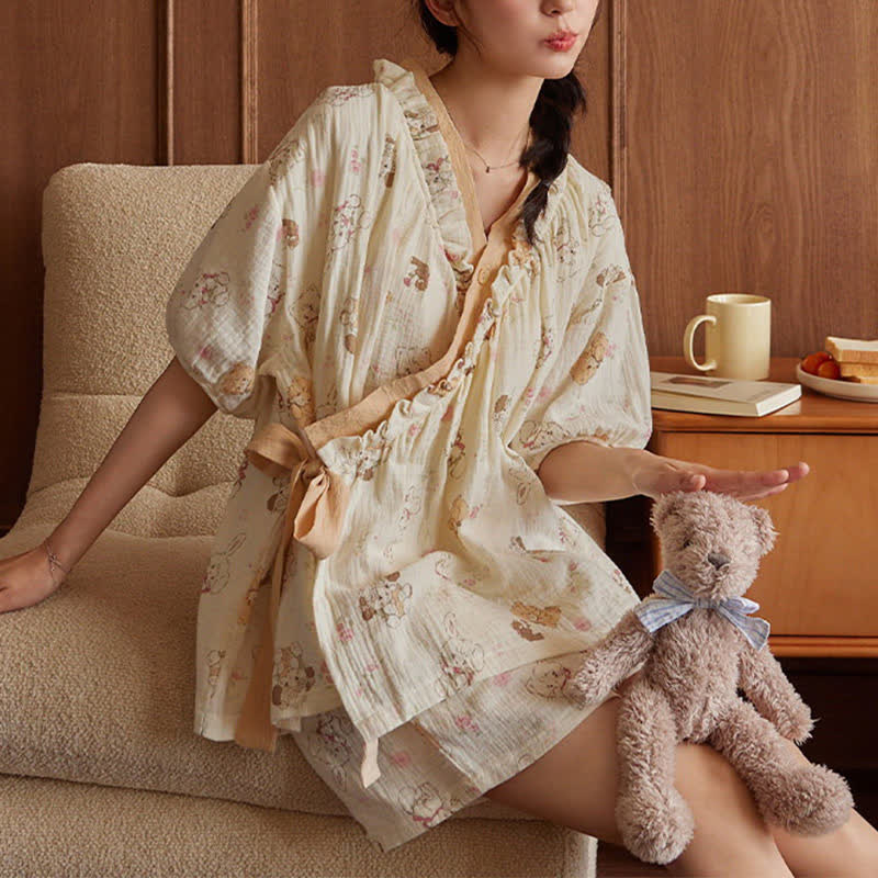 Cartoon Print Short Sleeve Bra Free Pajama Set