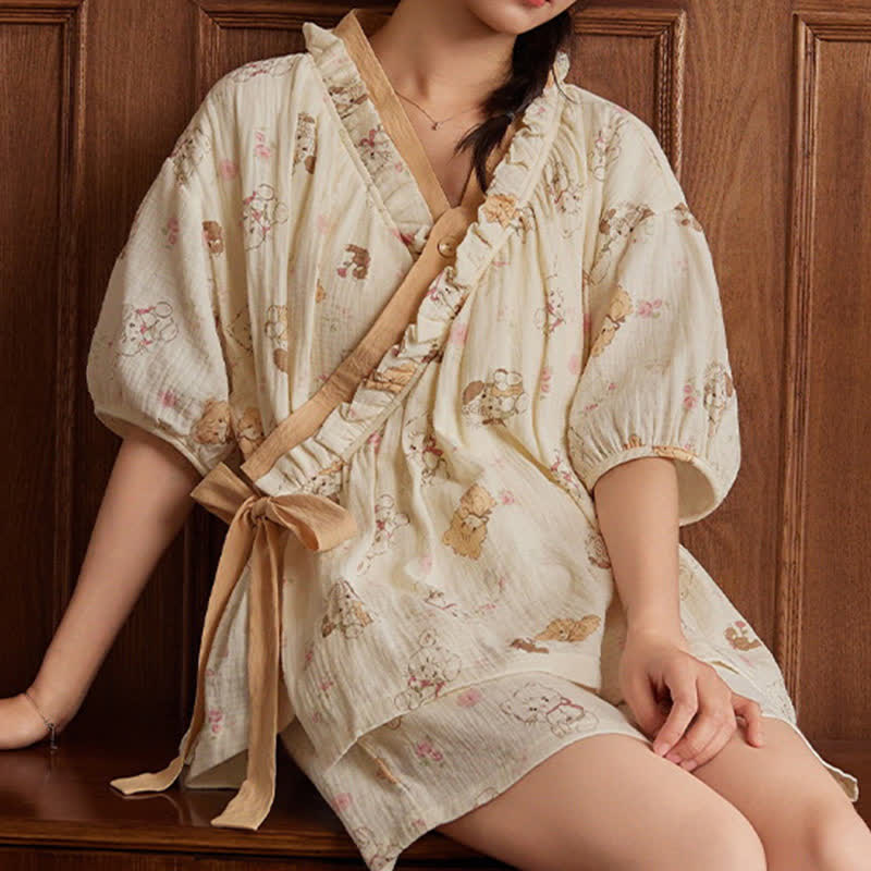 Cartoon Print Short Sleeve Bra Free Pajama Set
