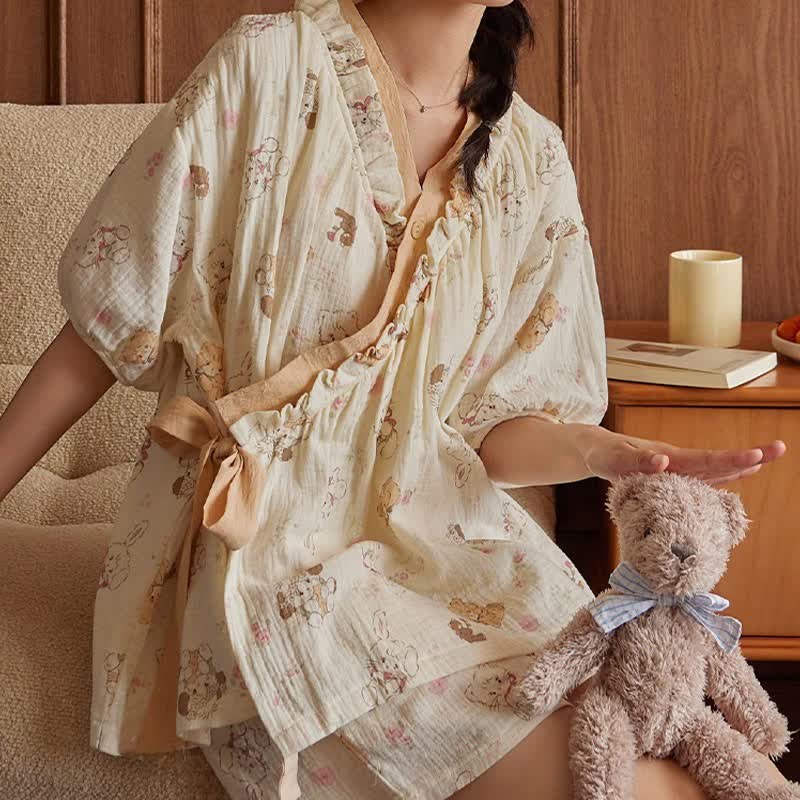 Cartoon Print Short Sleeve Bra Free Pajama Set