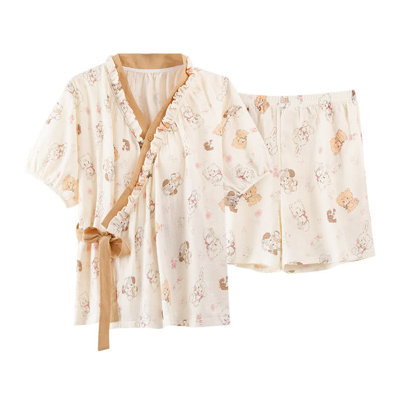Cartoon Print Short Sleeve Bra Free Pajama Set