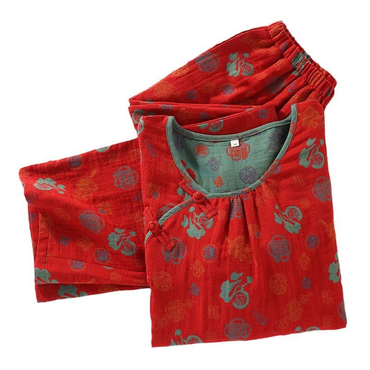 Red "Fu" Jacquard Cotton Nightwear Set