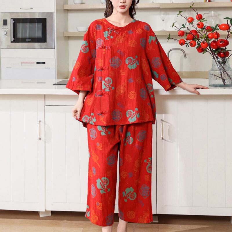 Red "Fu" Frog Button Cotton Pajama Set