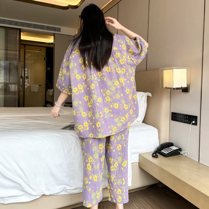 Pluz Size Purple Flower Cotton Loungewear Set