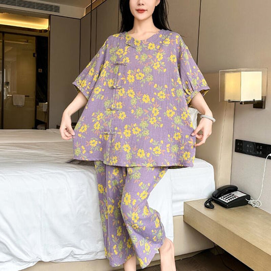 Pluz Size Purple Flower Cotton Loungewear Set