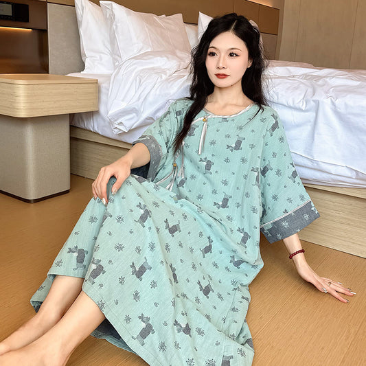 Plus Size Double Layer Cotton Nightgown - Green - 5XL - image 0