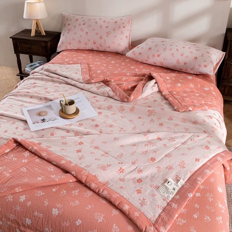 Pink Floral Double-layer Cotton Summer Quilt