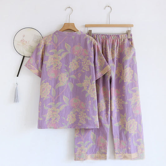Cotton Yarn-dyed Retro Short-sleeve Loungewear Set