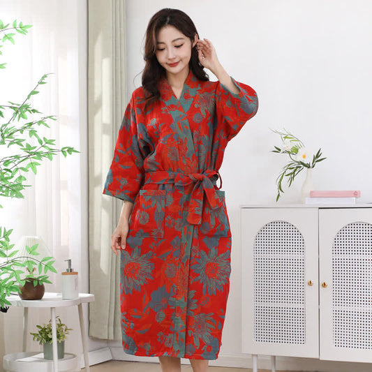 Double-layer Cotton Gauze Floral Print Bathrobe