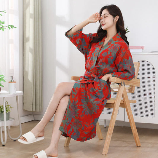 Double-layer Cotton Gauze Floral Print Bathrobe