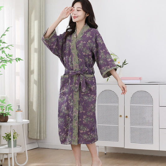 Double-layer Cotton Gauze Purple Floral Print Bathrobe