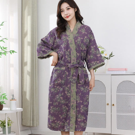 Double-layer Cotton Gauze Purple Floral Print Bathrobe