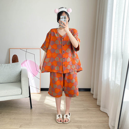 Plus Size Vintage Jacquard Short Sleeve Loungewear Set