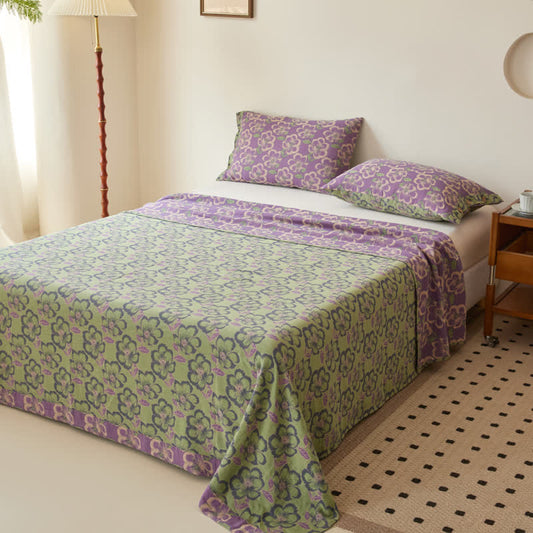 Elegant Floral Cotton Gauze Yarn-dyed Reversible Coverlet